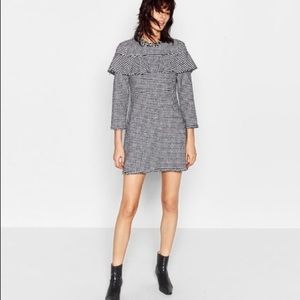 Zara Woman XS Houndstooth Ruffle Long Sleeve Dress